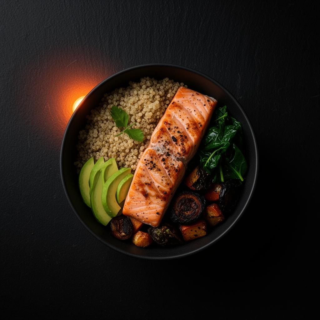 A FITBITE generated meal: salmon, quinoa, avocado and greens